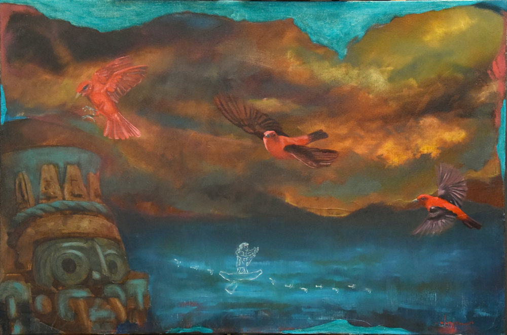 red birds flying against dark sky