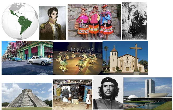 Photo collage representing modern Latin American history: a map of Latin America highlighted in green, a portrait of a 19th-century military leader in uniform, three women in traditional Andean dress in Peru, a historical photo of a revolutionary-era soldier, a vintage car on a colorful street in Havana, a folk dance performance, a mission-style church with a large cross, the Chichen Itza pyramid in Mexico, a family outside a modest dwelling, a portrait of Che Guevara, and the modernist National Congress building in Brasília.