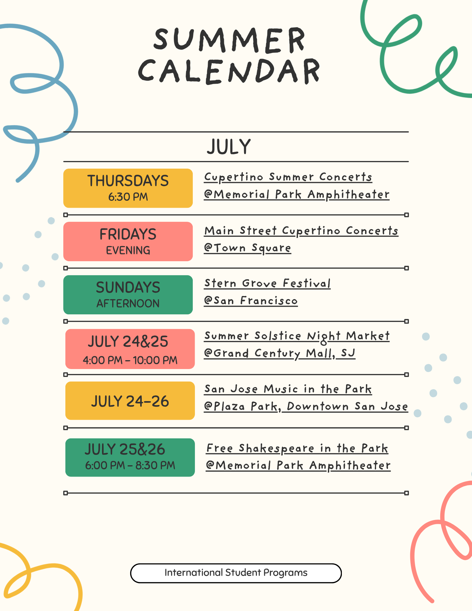 Activity calendar July activity calenar