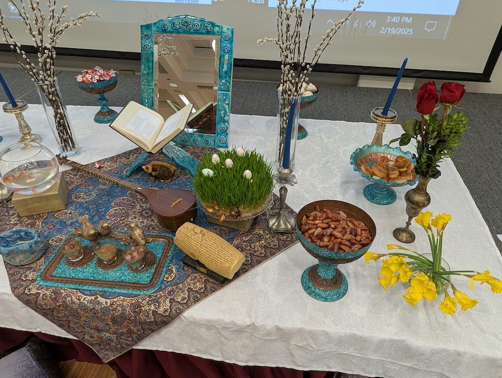 table with food, vase, guitar