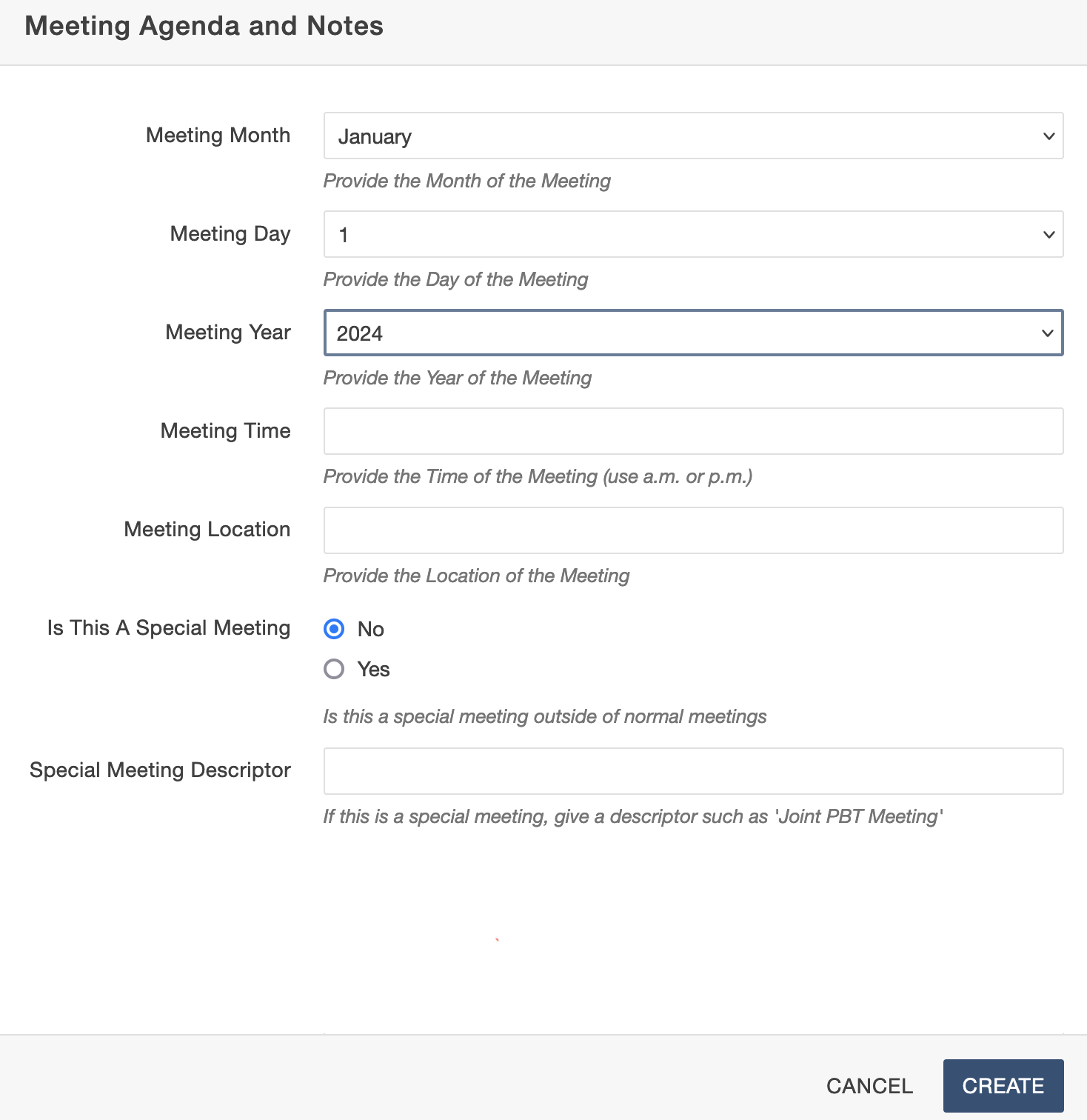 Image of fields that you must fill when creating the new meeting page.