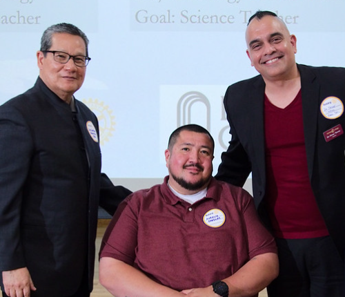 Chancellor Lambert, President Torres and student Aurelio Cardenas